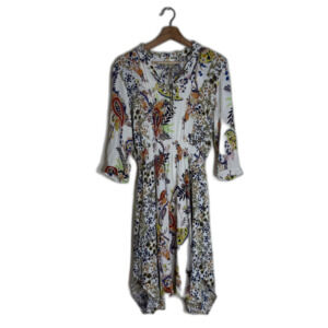 Fig And Flower Dress Womens Medium White Floral Paisley Boho Rayon 3/4 Sleeve